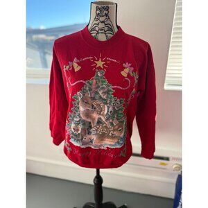 VTG 80s Red Holiday Christmas Woodland Deer, Birds, Rabbits, Raccoon, Squirrels